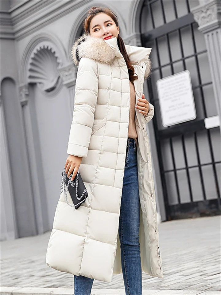 Women's Winter Jacket Puffer Jacket Hoodie Jacket Outdoor Street Daily Winter Fall Long Coat Stand Collar Regular Fit Windproof Warm Casual Jacket Long Sleeve Solid Color Faux Fur Trim caramel Red-Hoverseek