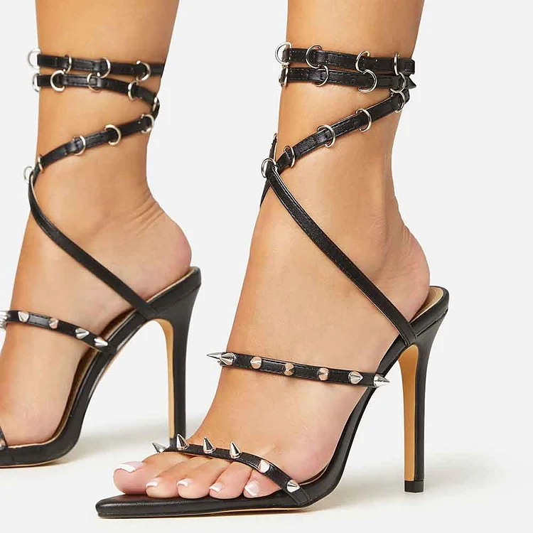 Pointed Toe Stiletto Heels Rivets Ankle Strap Black Sandals For Women |FSJ Shoes