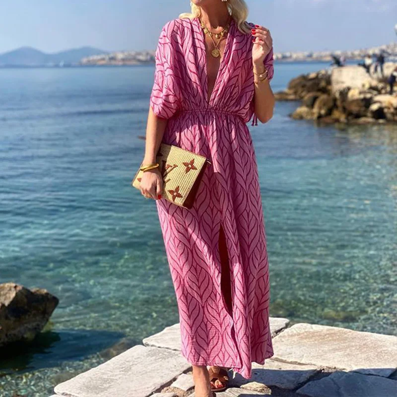 Toloer Toloer Hot Style Women's Fashion Deep V Collar Long Print Beach Holiday Dress-Outfit Ideas