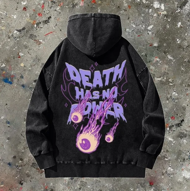Death Has No Power Back Printed Casual Washed Hoodie Sweatshirt
