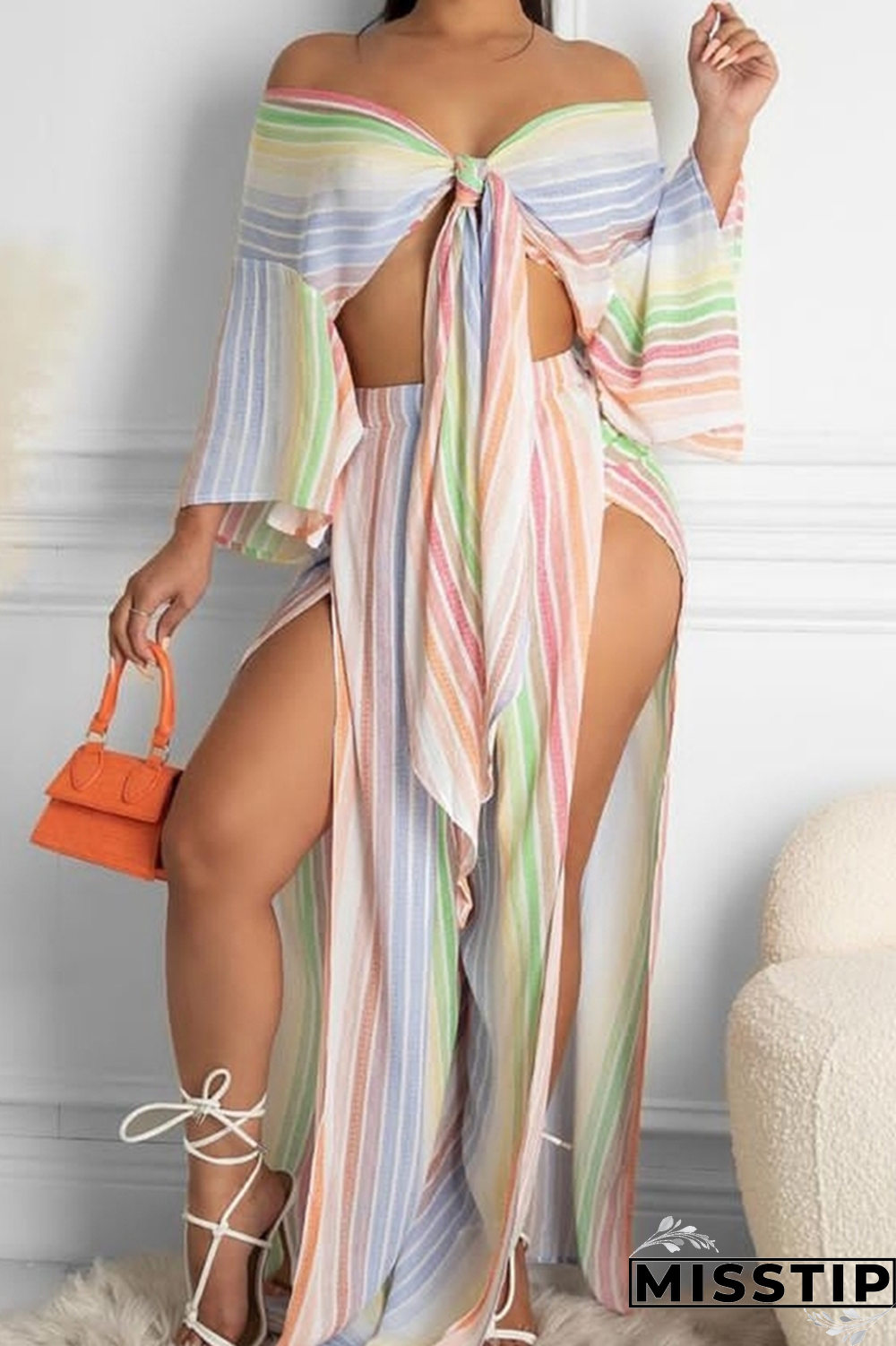 Colour Sexy Striped High Opening Off the Shoulder Long Sleeve Two Pieces