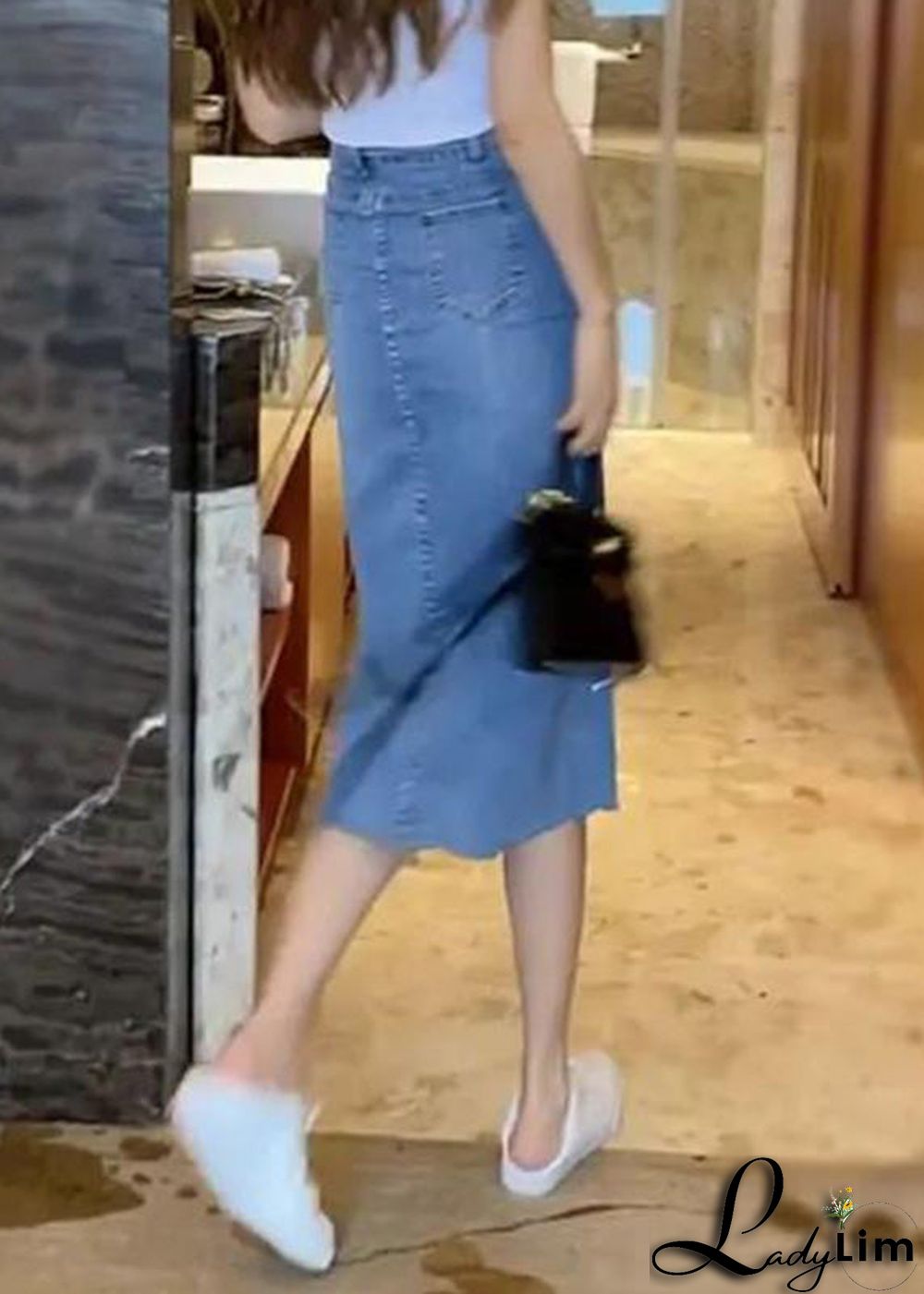 Natural Blue Sashes Patchwork High Waist Denim Maxi Skirts