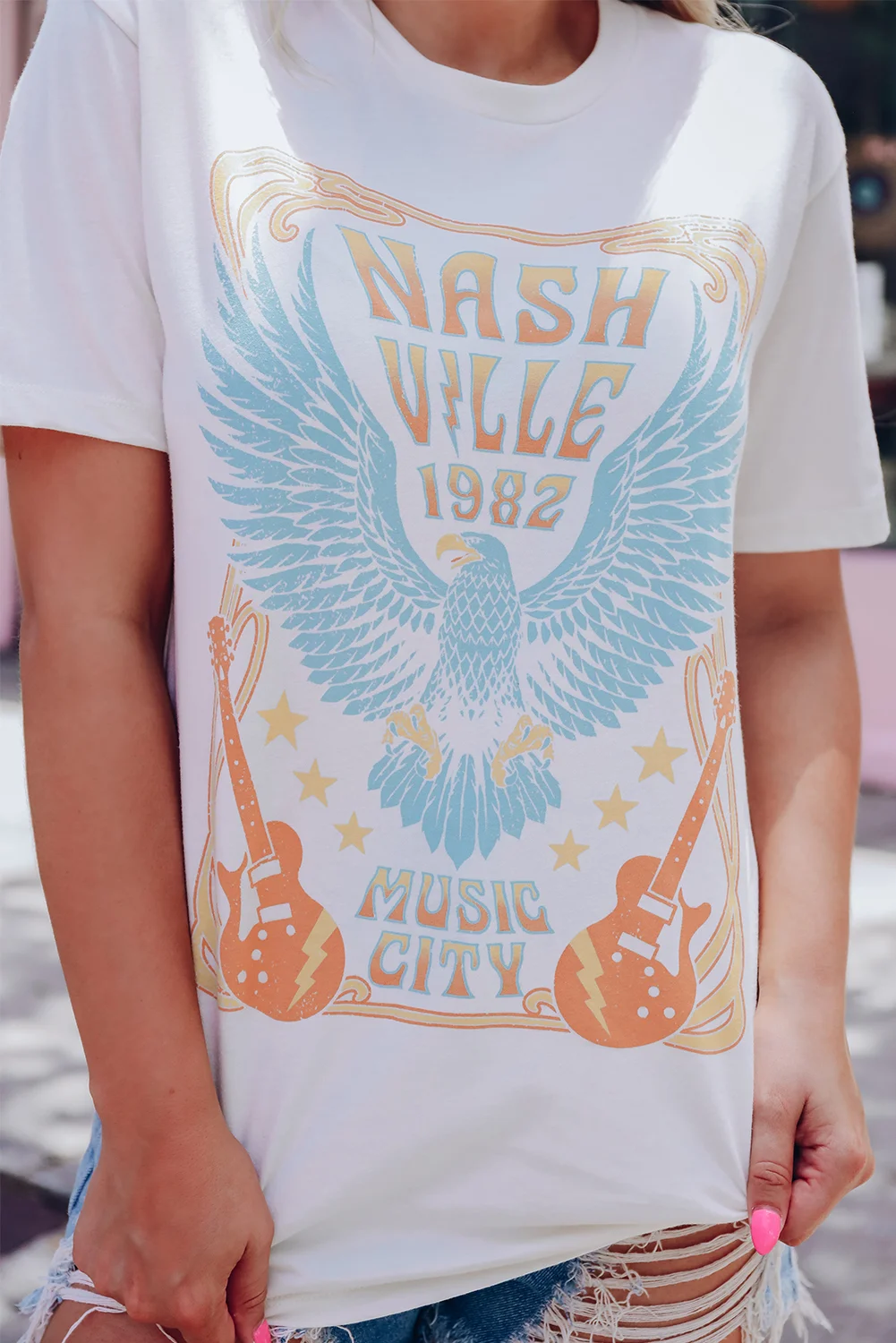 White NASHVILLE 1982 Eagle Graphic Print Casual T Shirt | IFYHOME