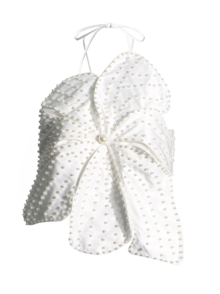 Woherb Woherb Hot Girl Designer Autumn 2024 New Hanging Neck Three-Dimensional Flower Nail Bead Pearl Wipe Chest Top-Outfit Ideas