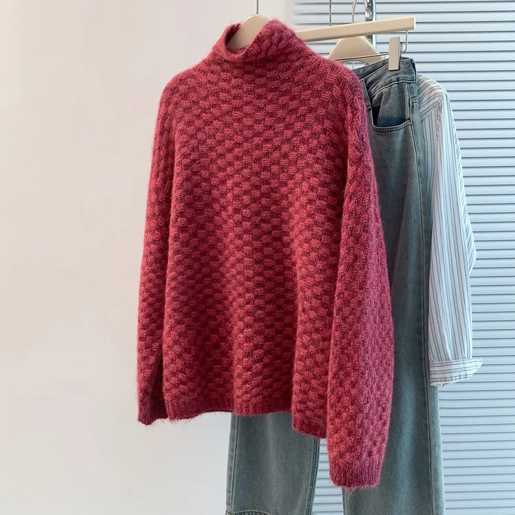 Athvotar Athvotar Women's Cotton Cashmere Lattice Half-High-Collar Sweater Korean Version Of The Student's Dress Dress Nice Hair Knitted Shirt