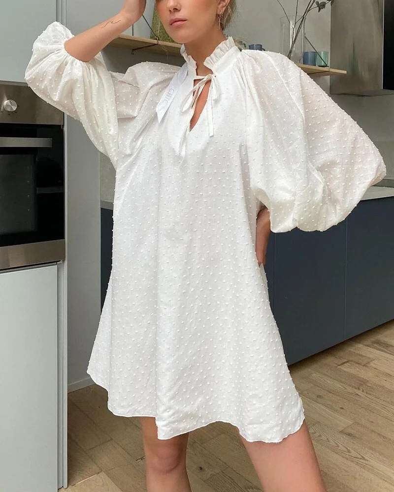 WOTWOY Summer Casual Ruffles White Dresses Women Puff Sleeves Loose Waist Sweet Dress Female 2022 New Harajuku Vestidos De Mujer
