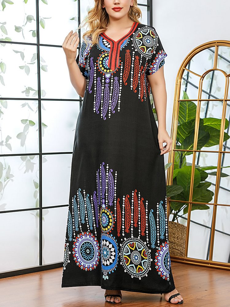 Bright ethnic style pattern women baggy black dress