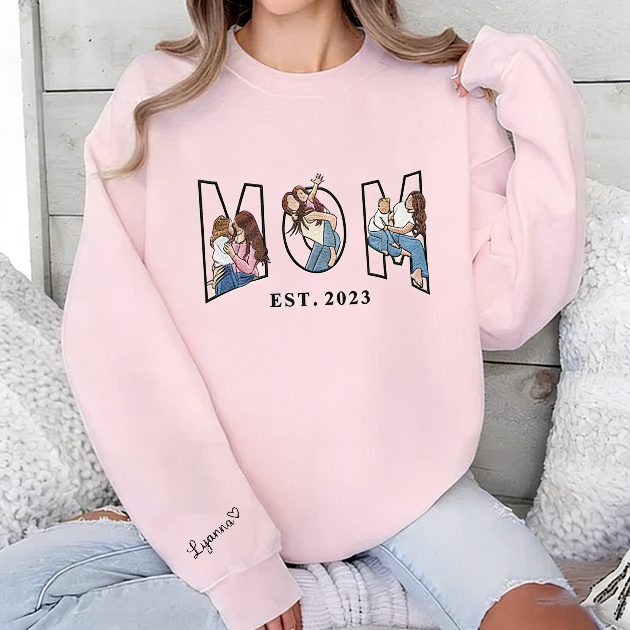 Pamaviva Embroidered Mama Sweatshirt with Multiple Portraits Custom Mama and Child Embroidery for Mother's Day Gift