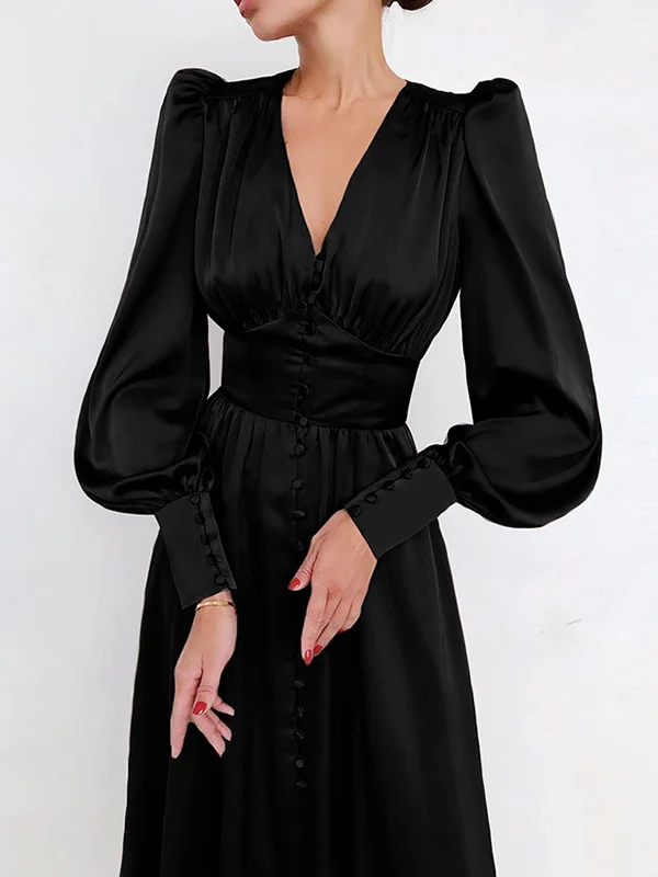 Urban Buttoned Split-Front High Waisted Puff Sleeve A-Line Midi Dress