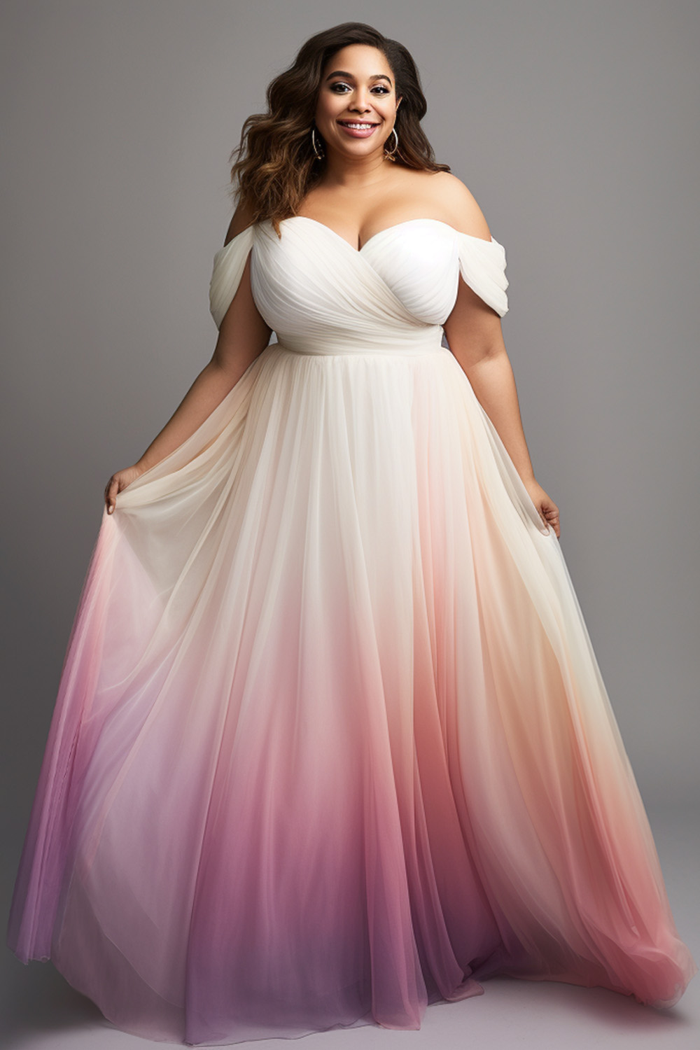 Design Plus Size Formal Bridesmaid Elegant Pink Gradient Off The Shoulder Tulle Maxi Dresses [Pre-Order]