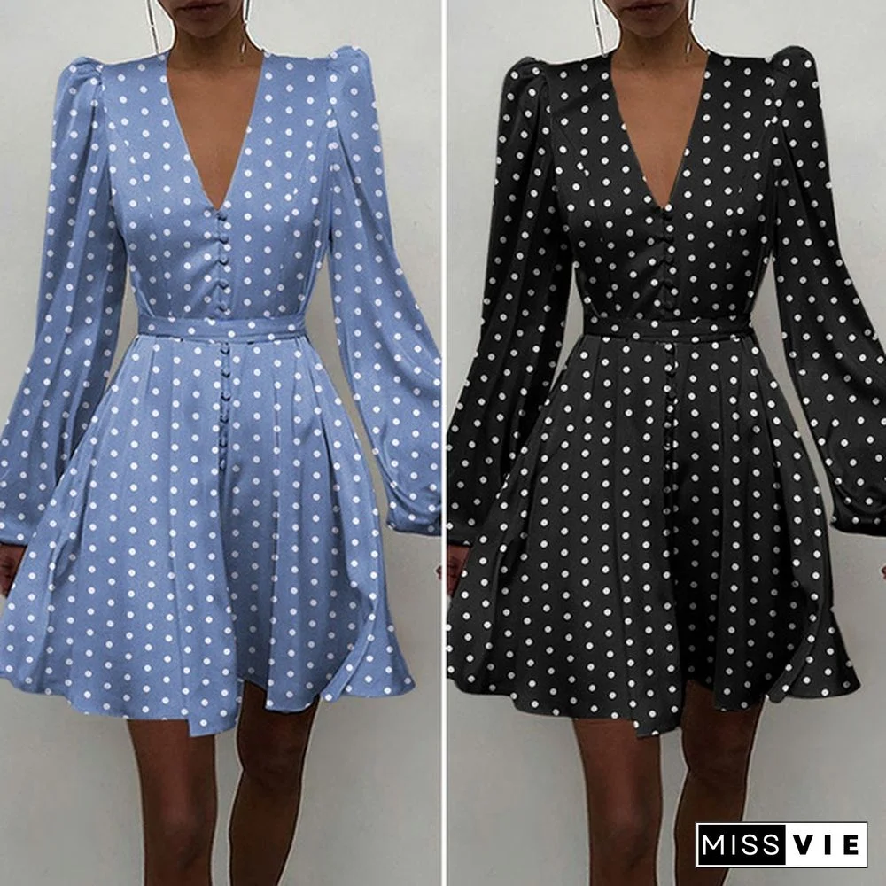 Autumn Spring Dresses Women Stain Silk Polka Dot Puff Long Sleeve V Neck Party Mini A Line Dress Plus Size