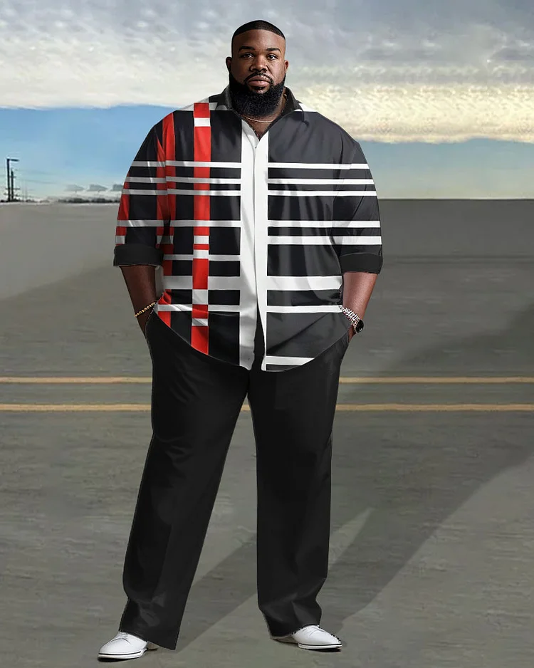 Men's Plus Size Red and White Lines Long Sleeve Lapel 2 Shirt Set