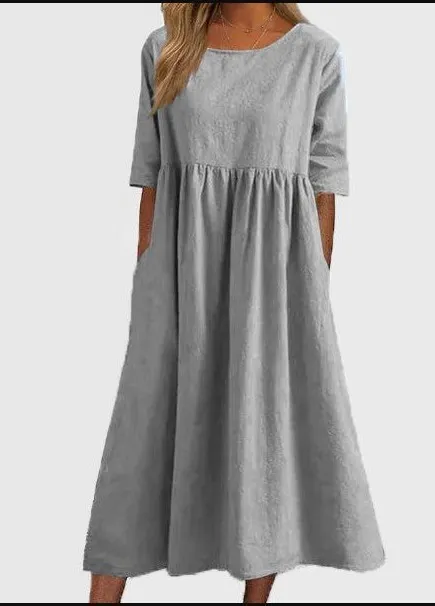 Brownm Brownm Cotton-Sleeved Short-Sleeved Pocket Folded Loose Round-Neck Dress In Summer 2025