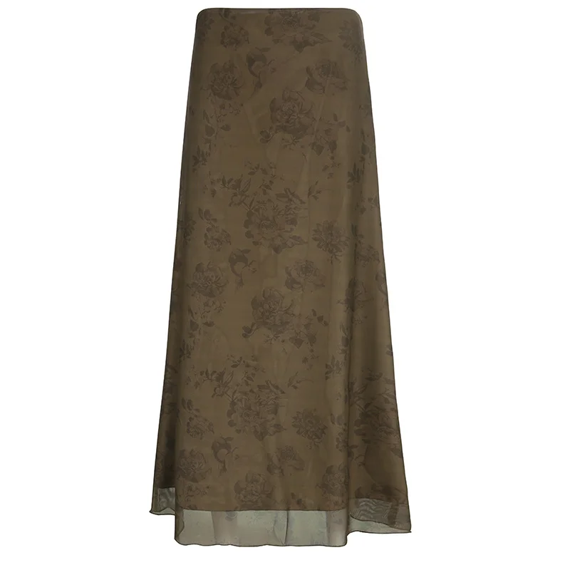 Colourp Colourp Retro Floral Print Brown Gauze Dress Women's 2024 Autumn New Thin A-Line Skirt