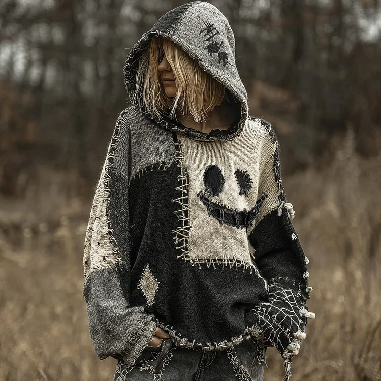 Halloween Spooky Face Patchwork Stitched Cozy Knit Hooded