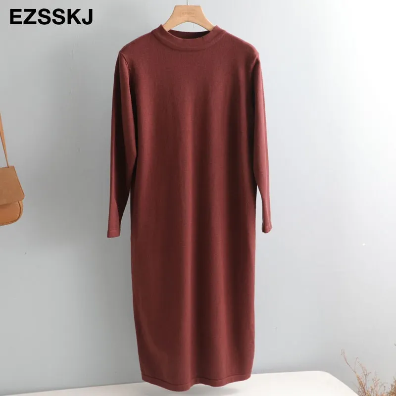 straight autumn winter long sweater dress women split side long o-neck maix sweater dress female basic dress