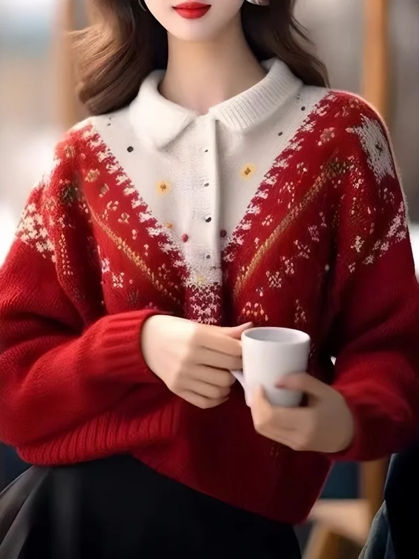 Athvotar Athvotar And Winter New Design Heavy Industry Hook Flower Wearing Alpaca Thick Sweater Senior Sense Loose Knit Shirt Top