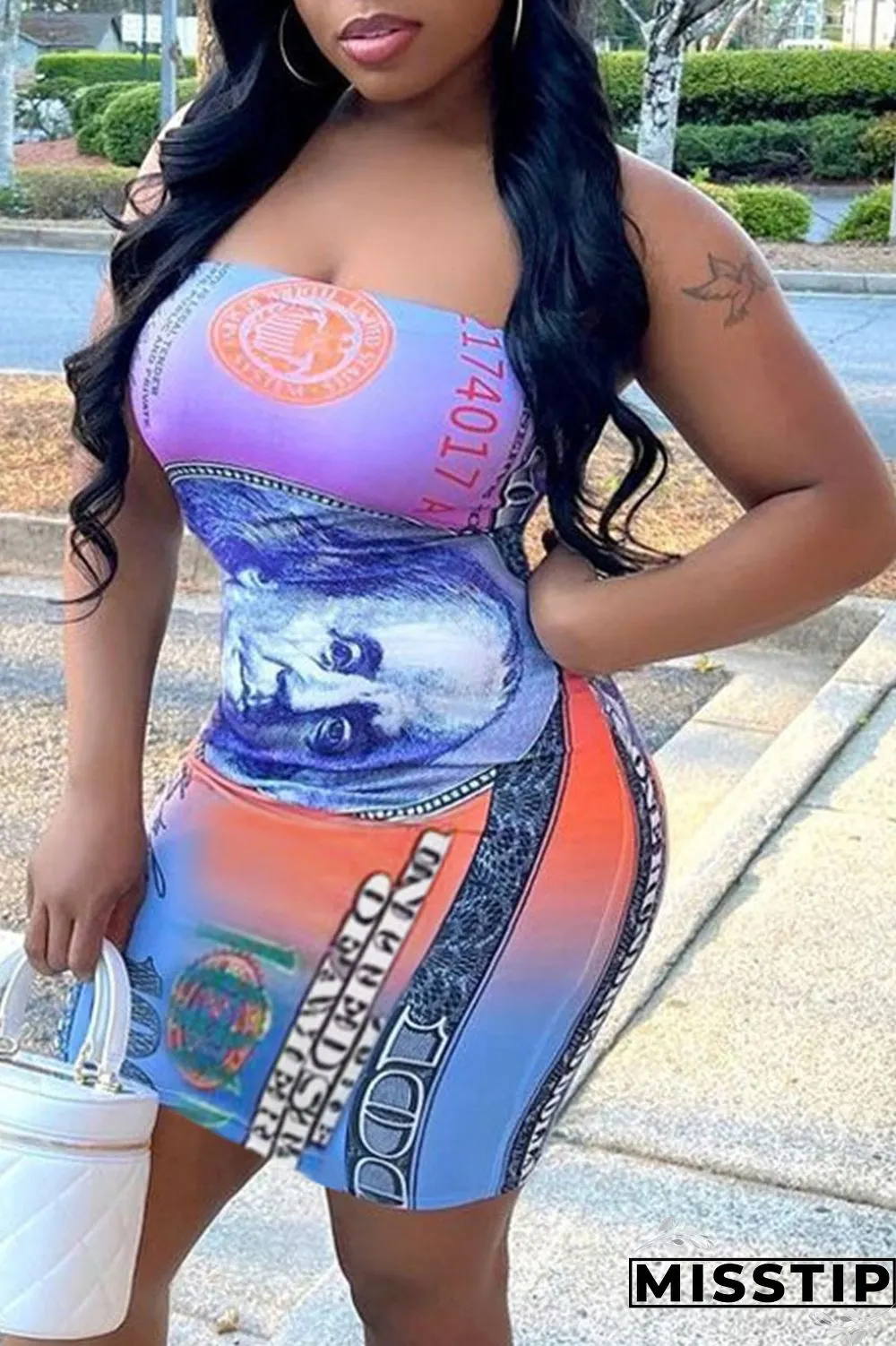 Orange Sexy Print Patchwork Strapless Sheath Dresses