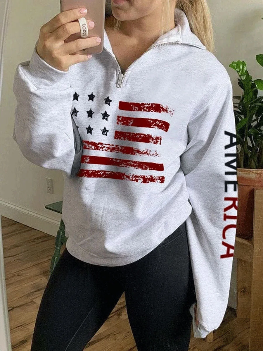 American Flag Print Zip Sweatshrit