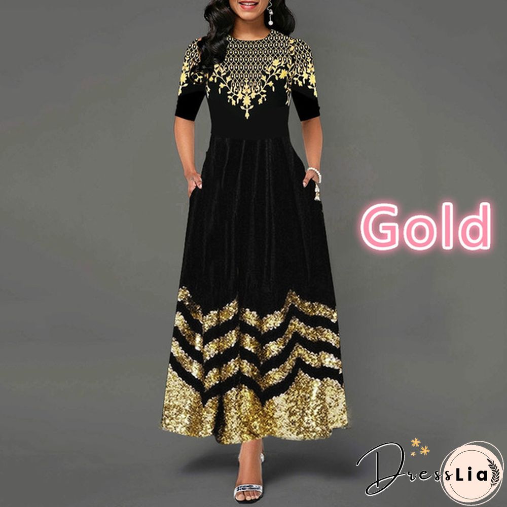 Women Button Detail Half Sleeve Floral Print Long Dress Gradient Maxi Dress