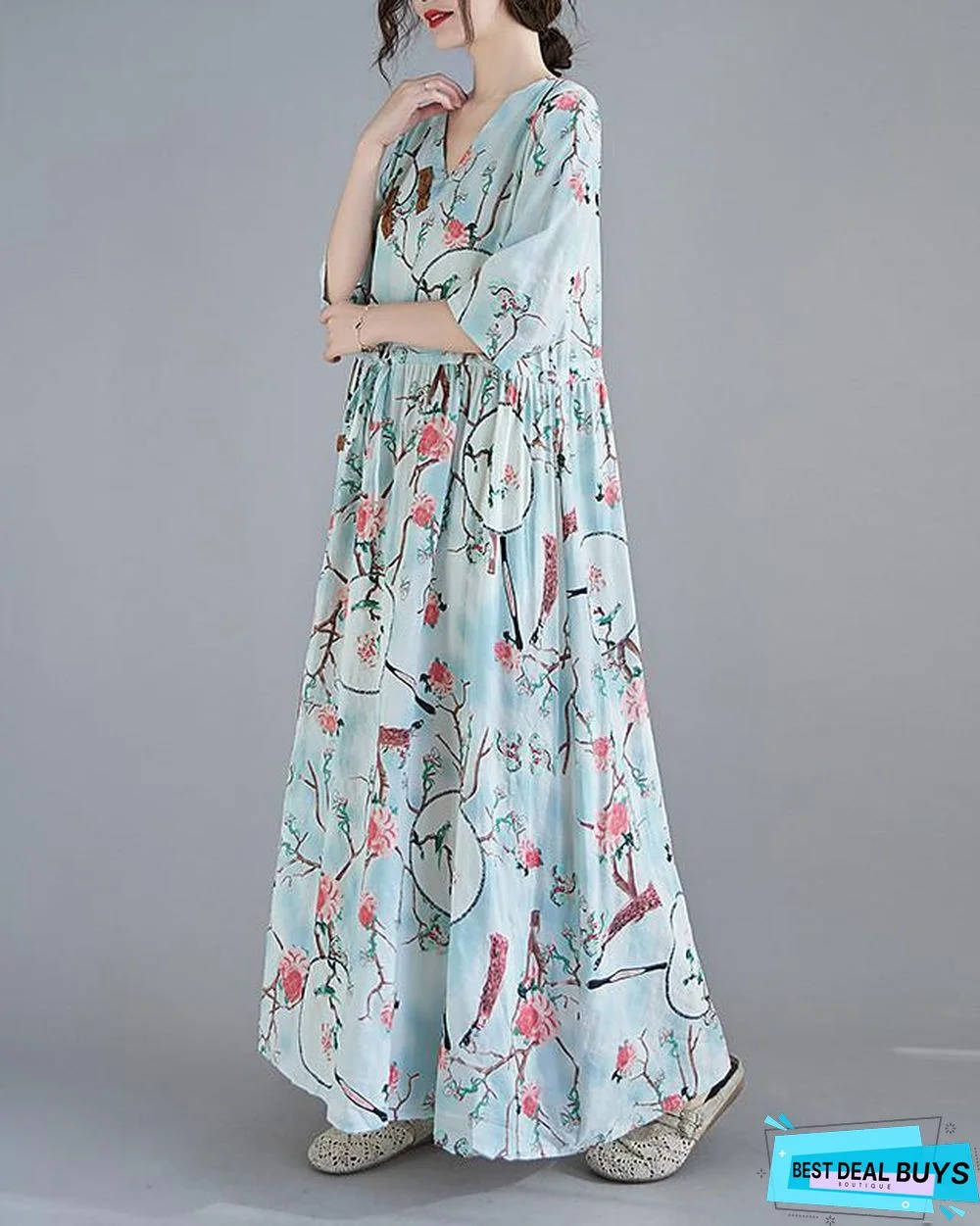 Women's Swing Dress Maxi Long Dress 3/4 Length Sleeve Floral Spring Summer Casual Blushing Pink Light Blue
