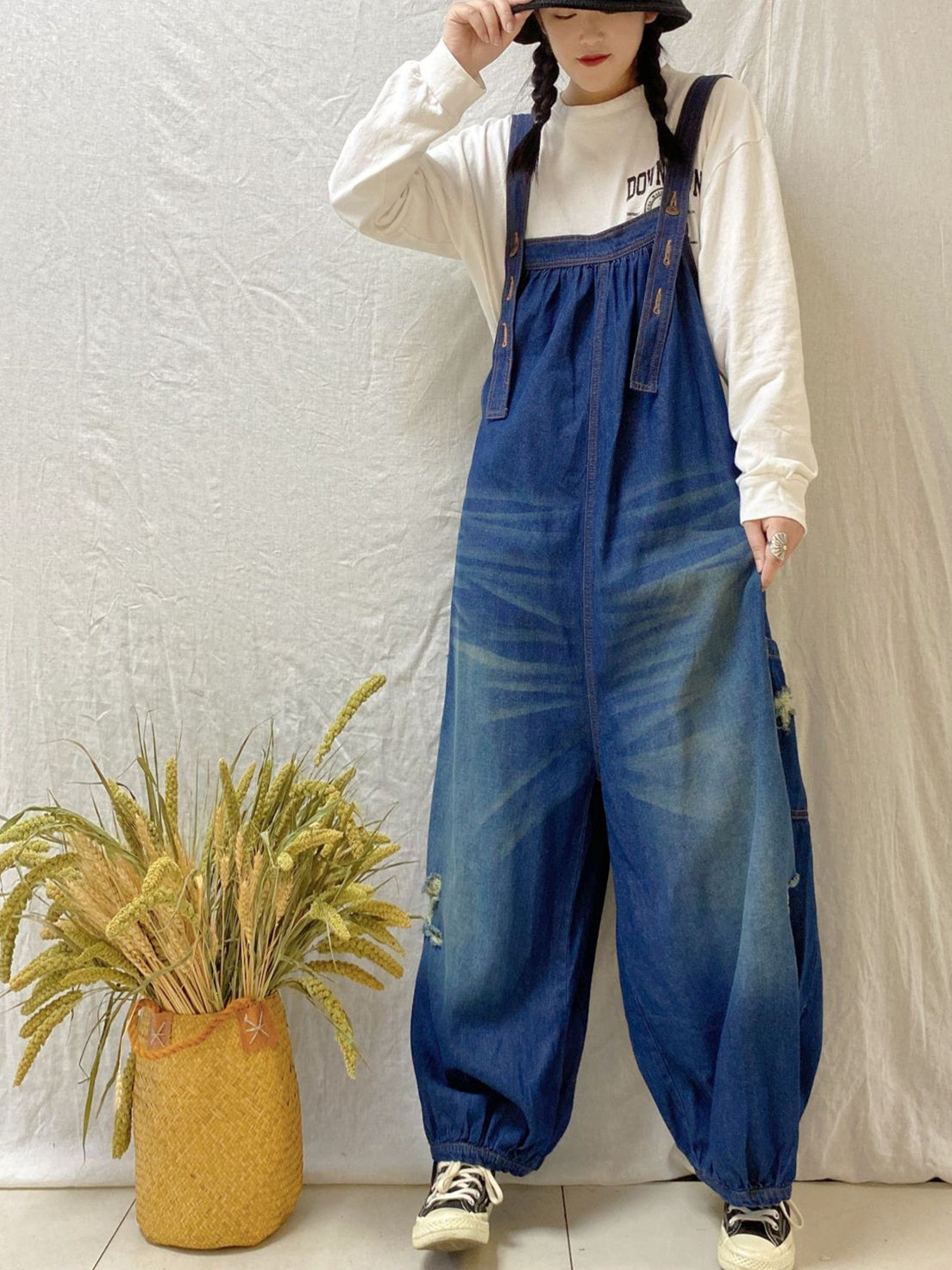 Women's Loose Hole Sleeveless Casual Retro Wide-leg Workwear Denim Overalls Jumpsuit