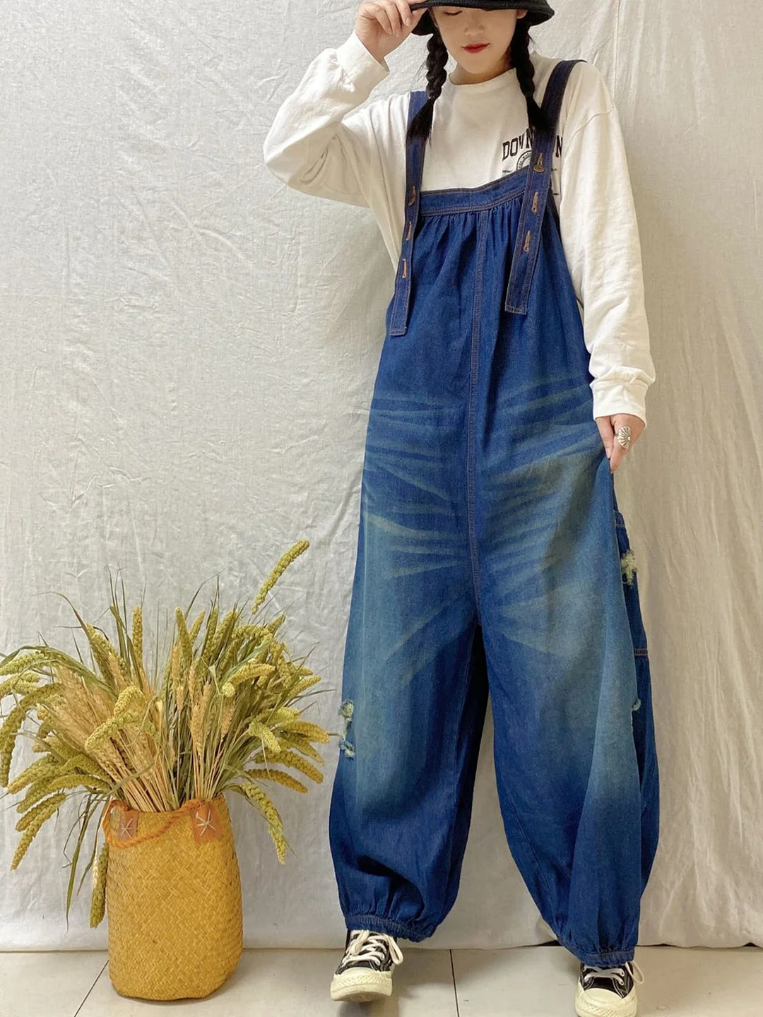Women's Loose Hole Sleeveless Casual Retro Wide-leg Workwear Denim Overalls Jumpsuit