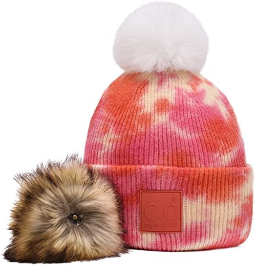 Women’s Tie Dye Solid Detachable or Interchangeable Two Pom Beanie Cuffed Winter Knit Watch Hat Skull Cap