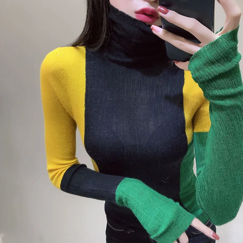 Wongn Fit Contrast Long Sleeve Turtleneck Sweaters for Women 2022 Fall Wild Jumper Sueter Mujer Elastic Tshirt Retro Knit Top