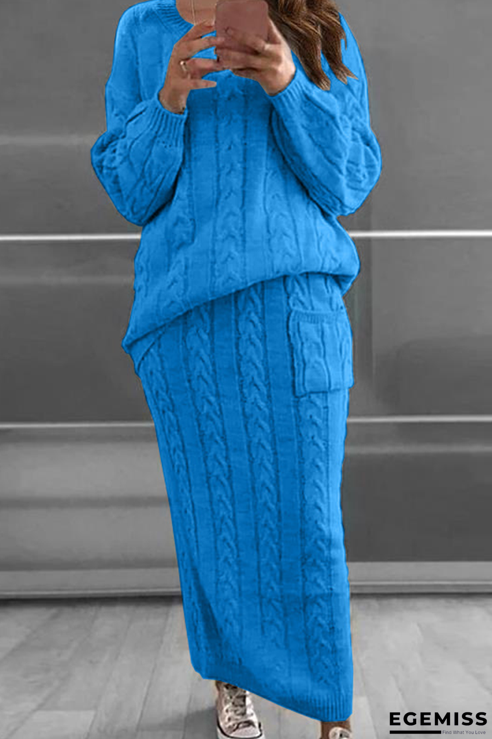 Colorful Blue Fashion Solid Patchwork O Neck Long Sleeve Two Pieces | EGEMISS