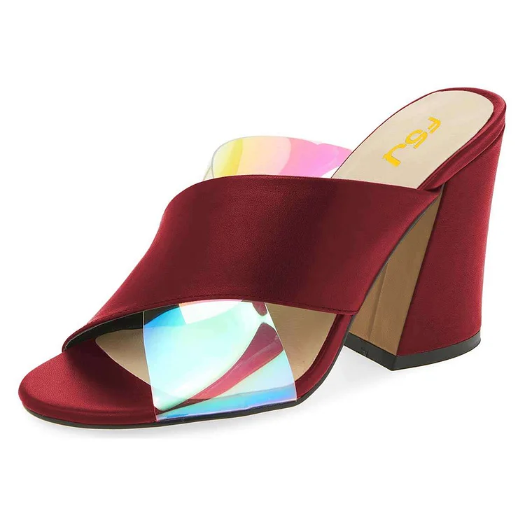 Dark Red Hologram Transparent Mule Heels Cross Strap Sandals |FSJ Shoes