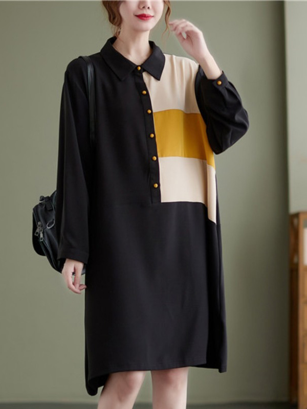 Solid Color Color Blocking Long Sleeve Midi Dress
