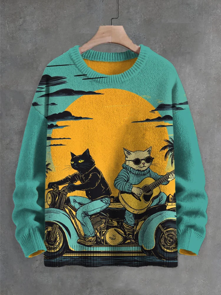 Men's Cat Playing Guitar Motorbike Art Print Knit Sweatshirt