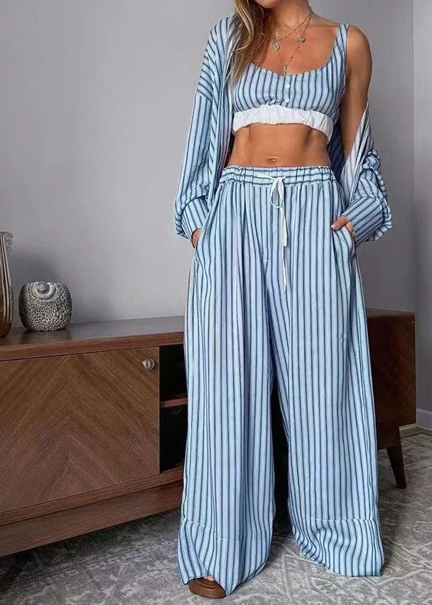 Vintage Blue Oversized Knit Tops And Shorts Women Sets 2 Pieces Summer
