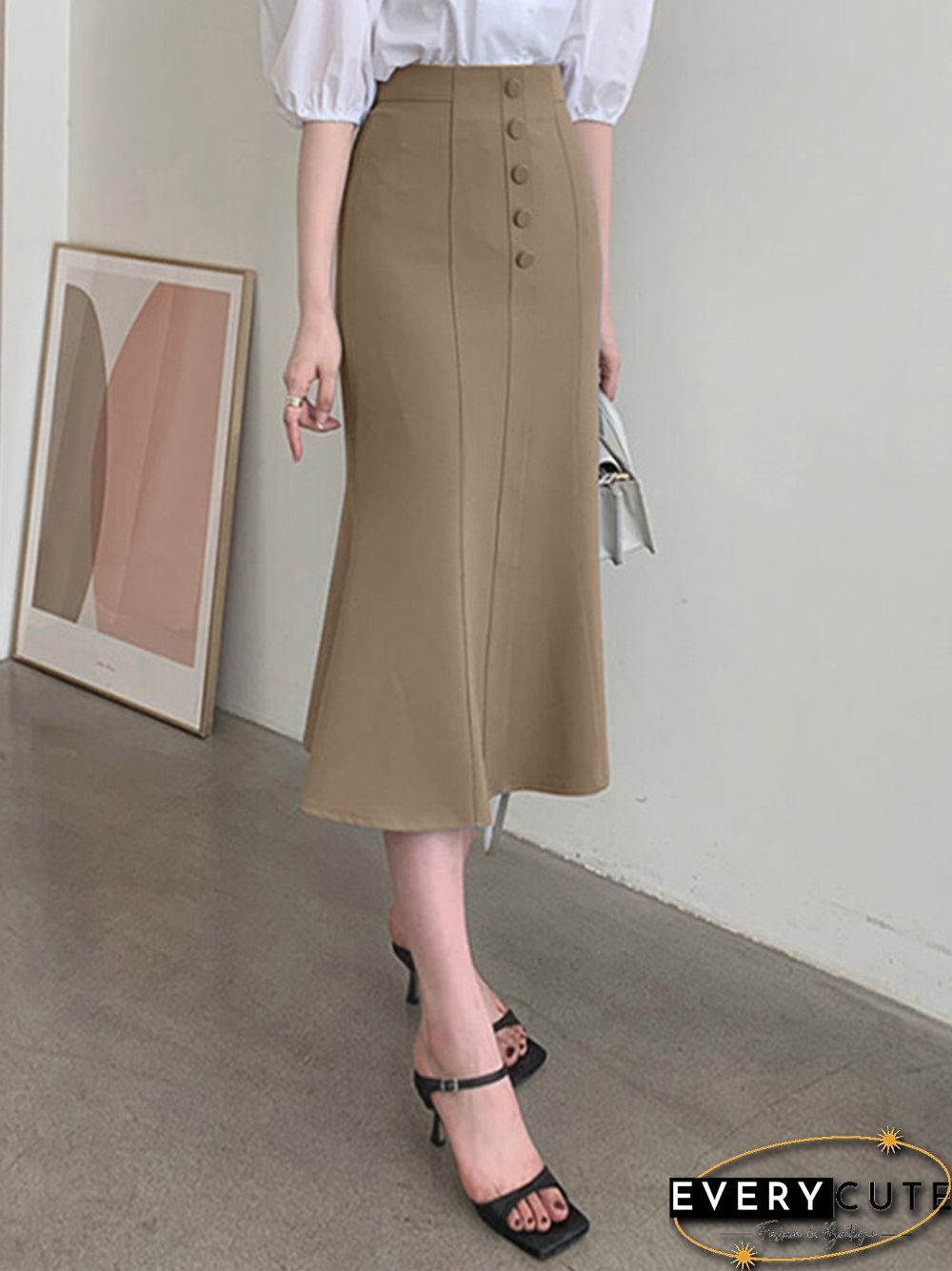 Women High Waist Solid Button Front Mermaid Skirt