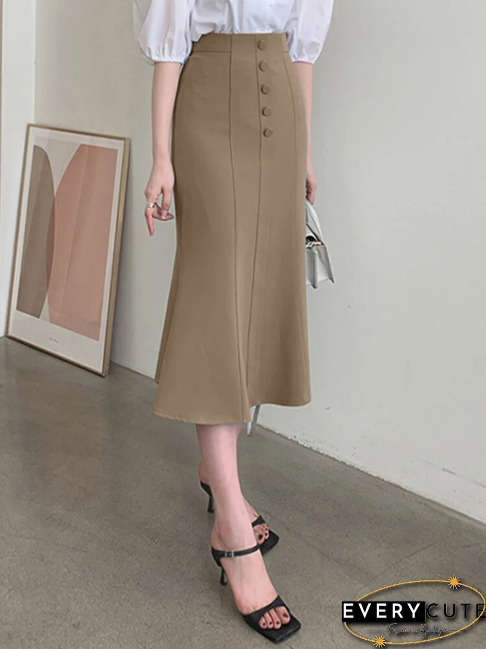 Women High Waist Solid Button Front Mermaid Skirt