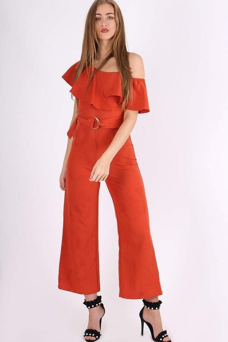 Orange Cold Shoulder Belted Jumpsuit Katch Me