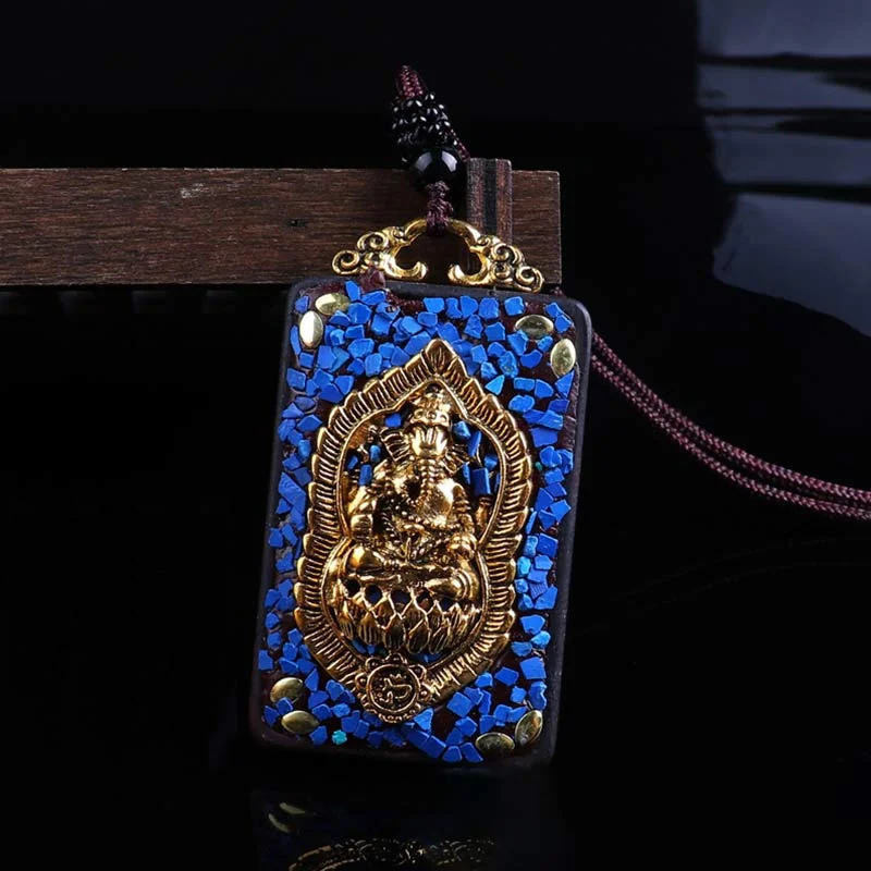 Ebony Wood Elephant Lotus Balance String Necklace Pendant