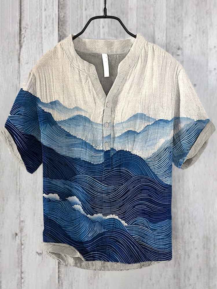 menweary Vintage Japanese Art Sea Wave V Neck Casual Linen Blend Shirt