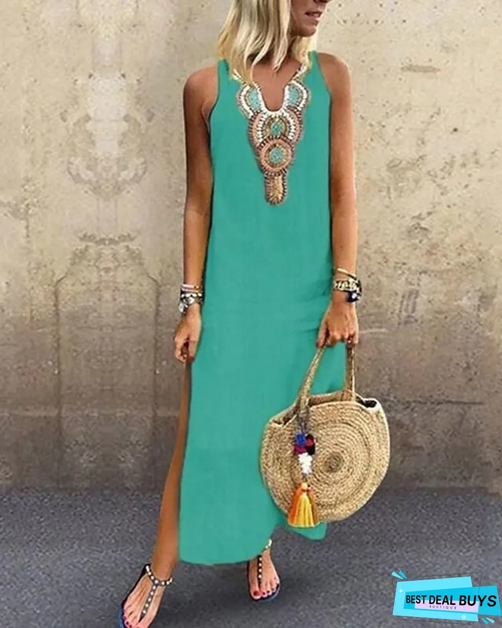 Women's Blazer Dresses Maxi Long Dress - Sleeveless Tribal Split Print Summer V Neck Plus Size Hot Casual Boho Holiday Beach White Yellow Wine Green Gray White Dresses