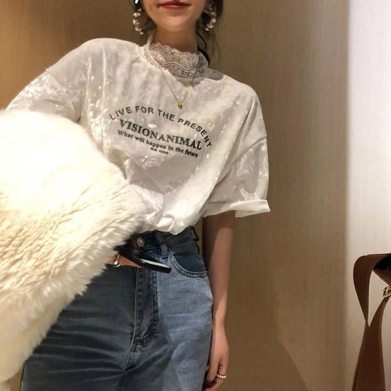 Round Neck Letter Printed Velvet Top