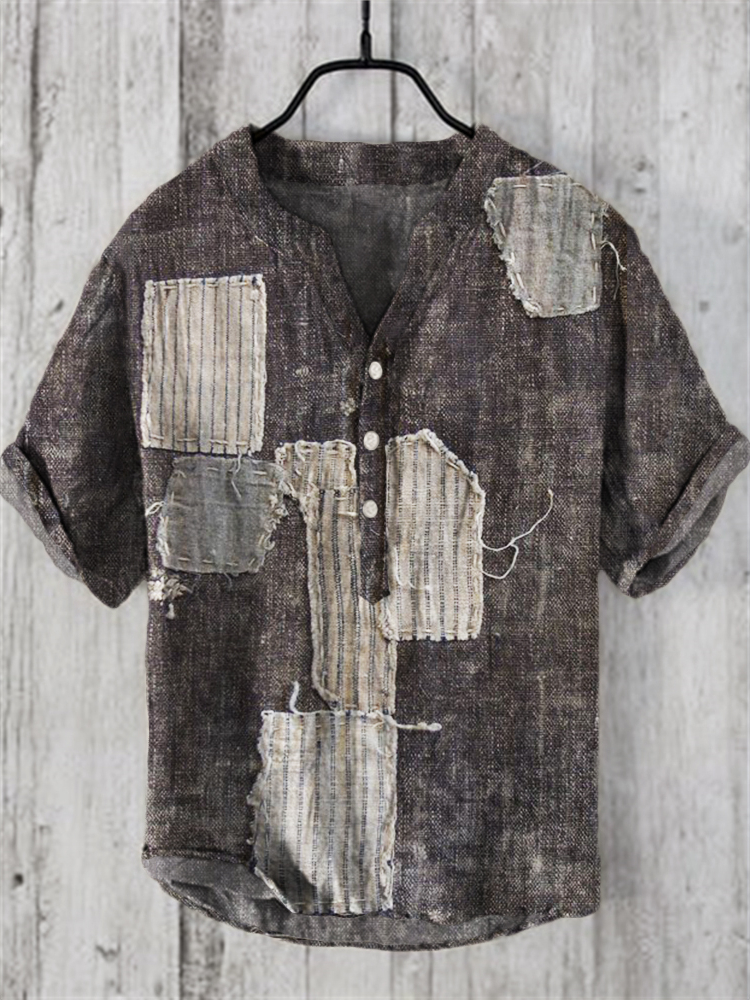 Men's Vintage Frayed Patchwork Washed Linen Blend Shirt  artssus