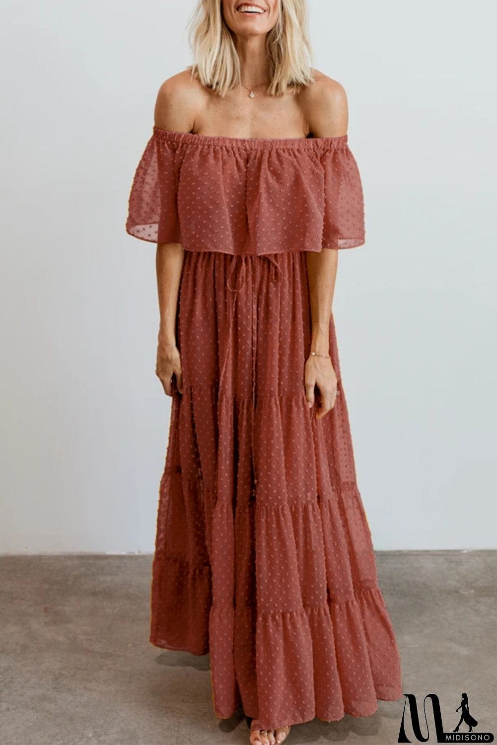 MidiSono - Rust Red Off Shoulder Ruffle Swiss Dot Maxi Dress