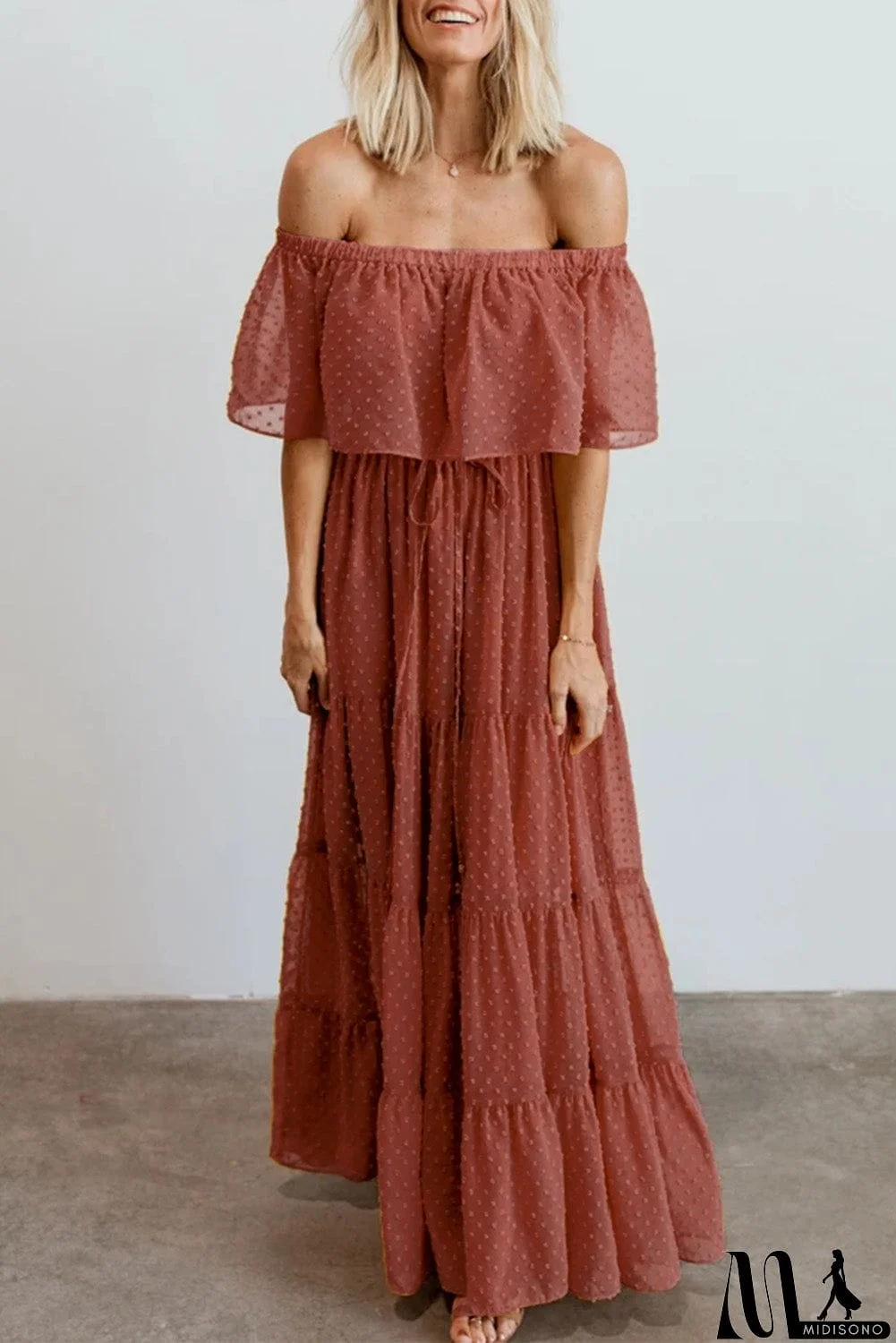 MidiSono - Rust Red Off Shoulder Ruffle Swiss Dot Maxi Dress