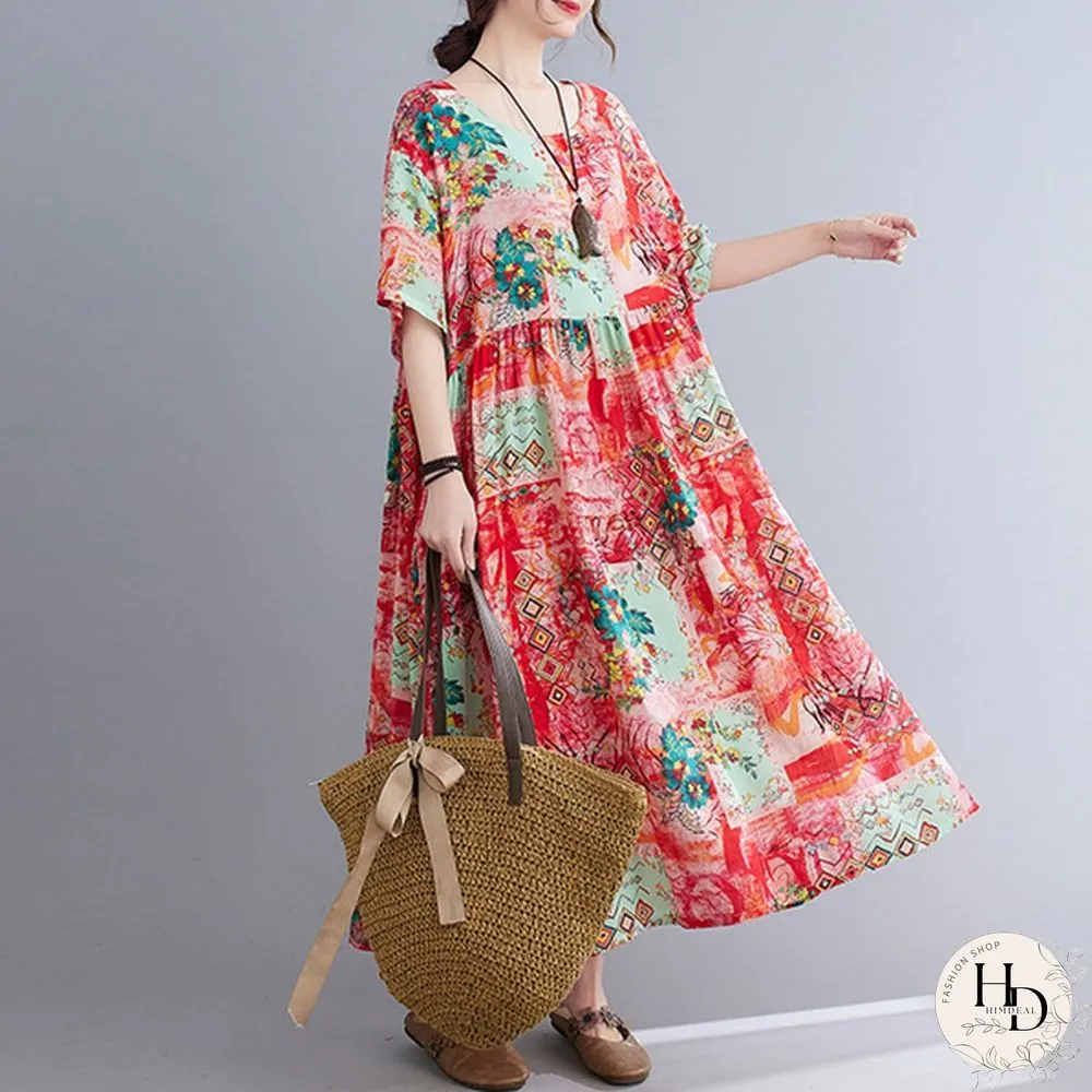 ZANZEA Women Half Sleeve Round Neck Dress Floral Print Summer Dress Casual Loose Long Dress
