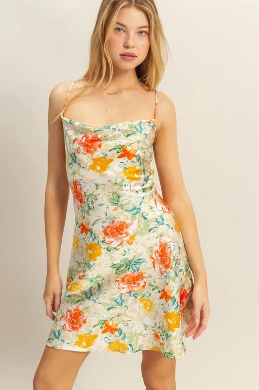 HYFVE Floral Cowl Neck Flirty Satin Mini Dress