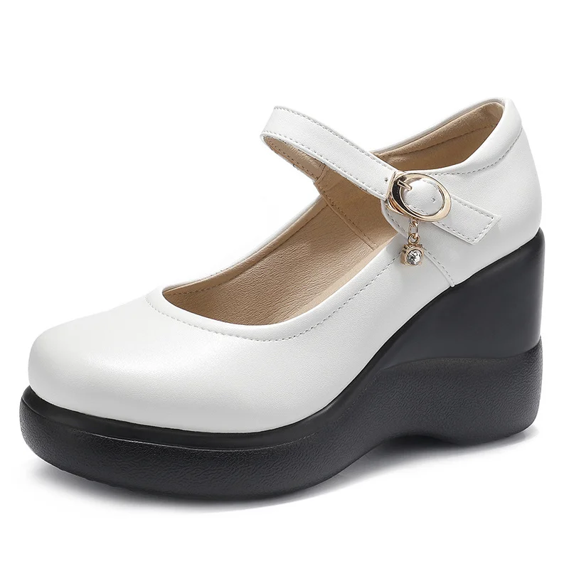 Breakj Breakj And Autumn Women's Shoes Thick Bottom Slope And Shallow Single Shoes High Heels Ladies Leather Shoes Magic Stick Round Head Loose Cake Middle-Naught Mother Shoes