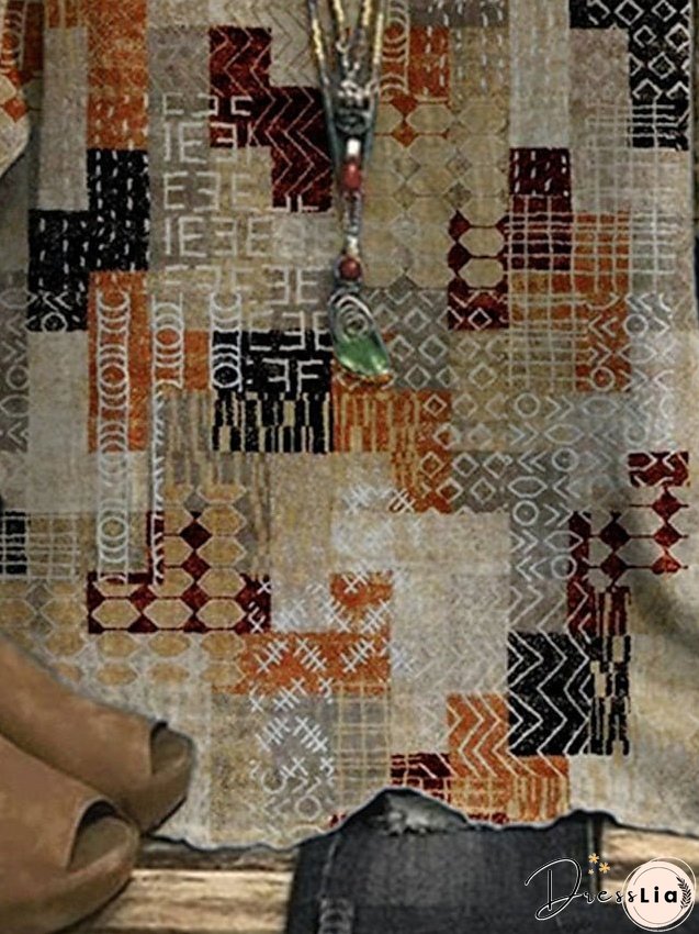 Shirt Blouse khaki Geometry Print Short Sleeve Daily Vacation Vintage Streetwear Crew Neck Regular Linen Plus Size L for Women