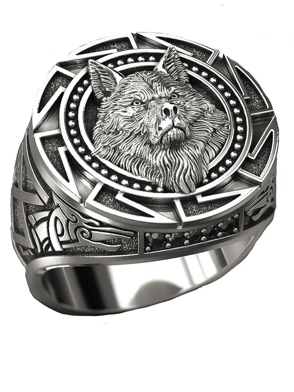 Retro Warrior Wolf Head Pattern Totem Rings