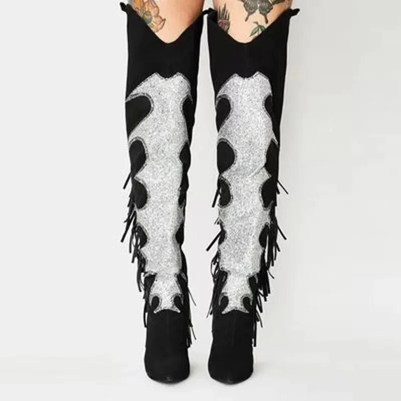 VCSHOES Western Cowboy Boots Women's Tassel Over The Knee High Boots Pointed Toe Square Heel Catwalk Shoes